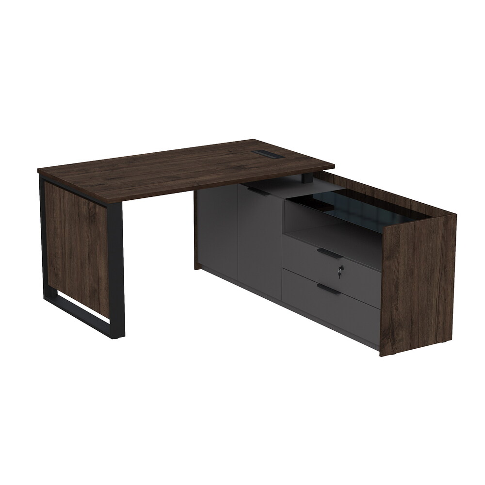 Стол рабочий с люч, на опорной двусоставной тумбе, с ящиками (метабокс), с замком