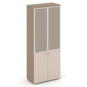 Шкаф высокий широкий (2 низких фасада ЛДСП+2 средних фасада стекло лакобель в раме)
