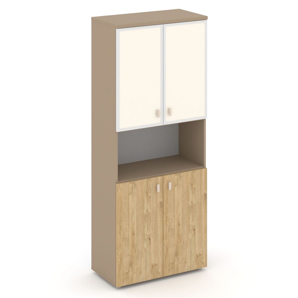 Шкаф высокий широкий (2 низких фасада ЛДСП+2 низких фасада стекло лакобель в раме)