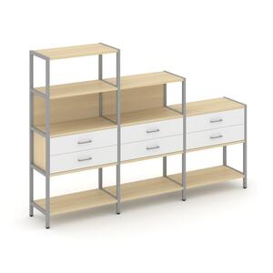 Трехсекционный стеллаж четырех/трех/двухярусный с ящиками