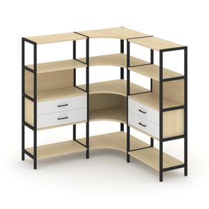 Трехсекционный угловой стеллаж четырехярусный с ящиками