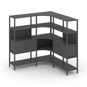Трехсекционный угловой стеллаж четырехярусный с ящиками