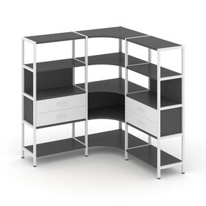 Трехсекционный угловой стеллаж четырехярусный с ящиками