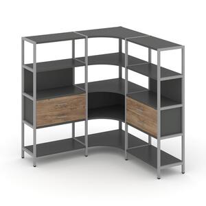 Трехсекционный угловой стеллаж четырехярусный с ящиками