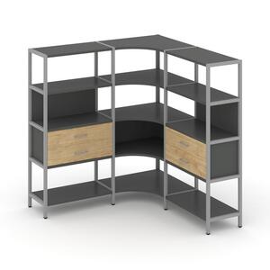 Трехсекционный угловой стеллаж четырехярусный с ящиками