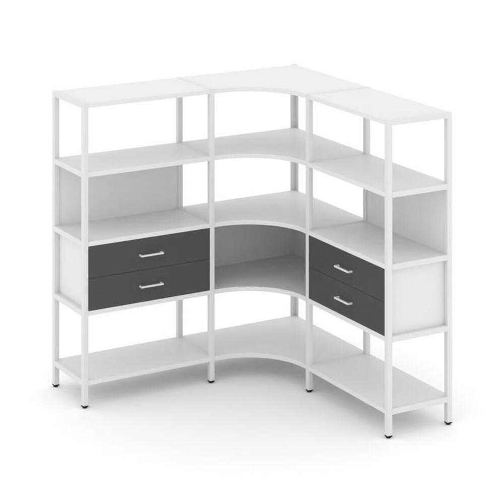 Трехсекционный угловой стеллаж четырехярусный с ящиками