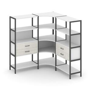 Трехсекционный угловой стеллаж четырехярусный с ящиками