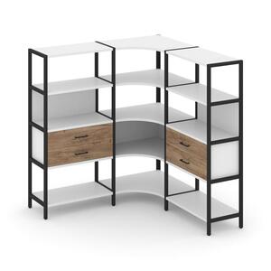 Трехсекционный угловой стеллаж четырехярусный с ящиками