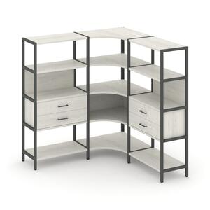 Трехсекционный угловой стеллаж четырехярусный с ящиками