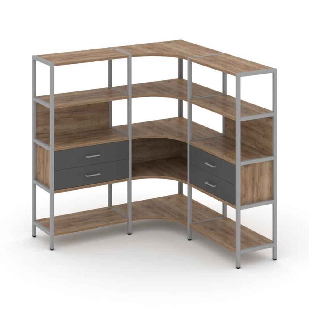 Трехсекционный угловой стеллаж четырехярусный с ящиками