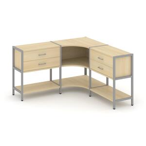 Трехсекционный угловой стеллаж двухярусный с ящиками