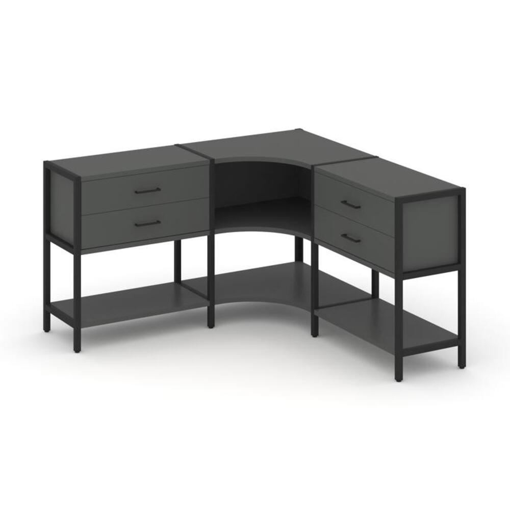 Трехсекционный угловой стеллаж двухярусный с ящиками