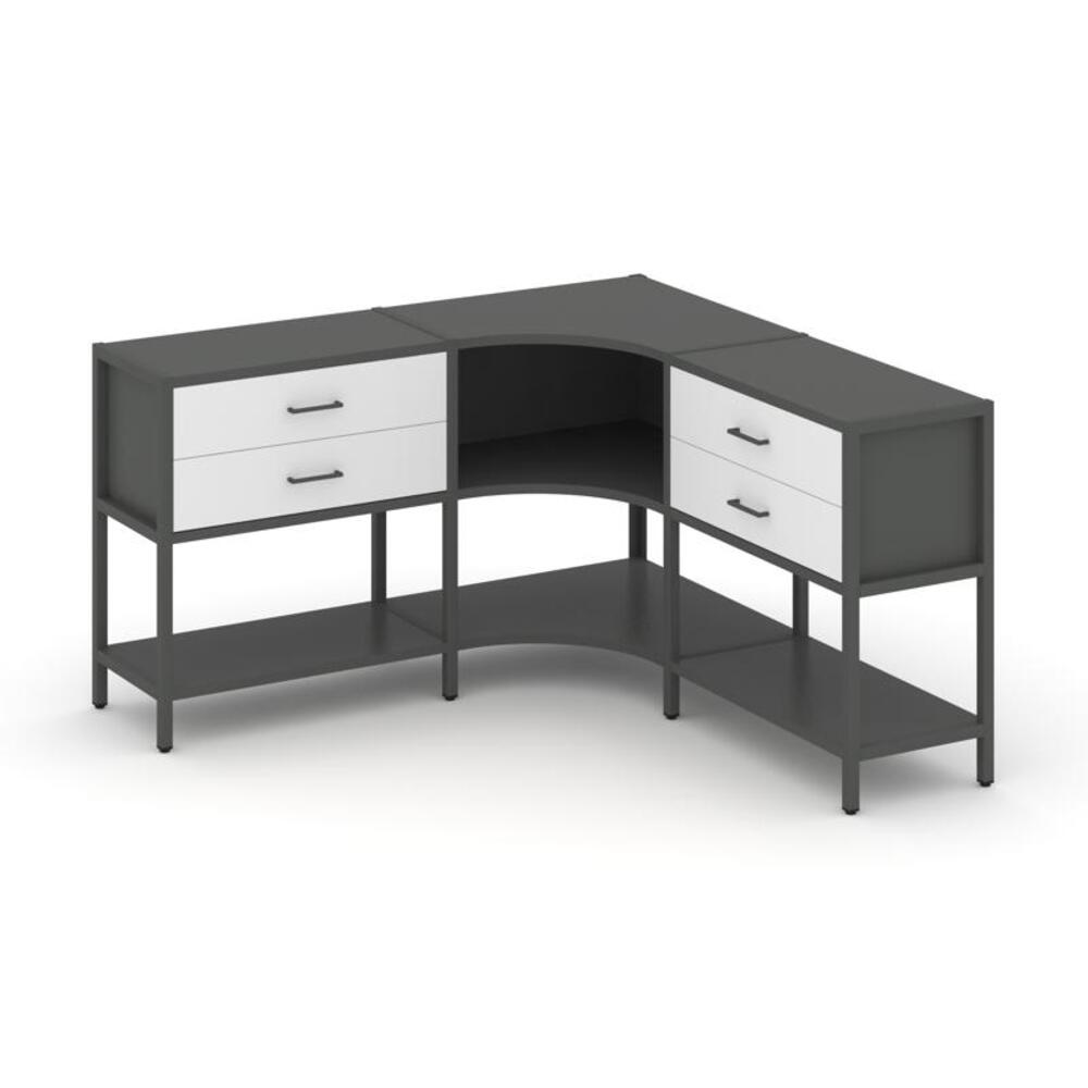 Трехсекционный угловой стеллаж двухярусный с ящиками