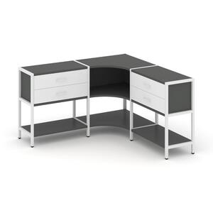 Трехсекционный угловой стеллаж двухярусный с ящиками