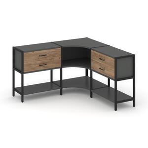 Трехсекционный угловой стеллаж двухярусный с ящиками