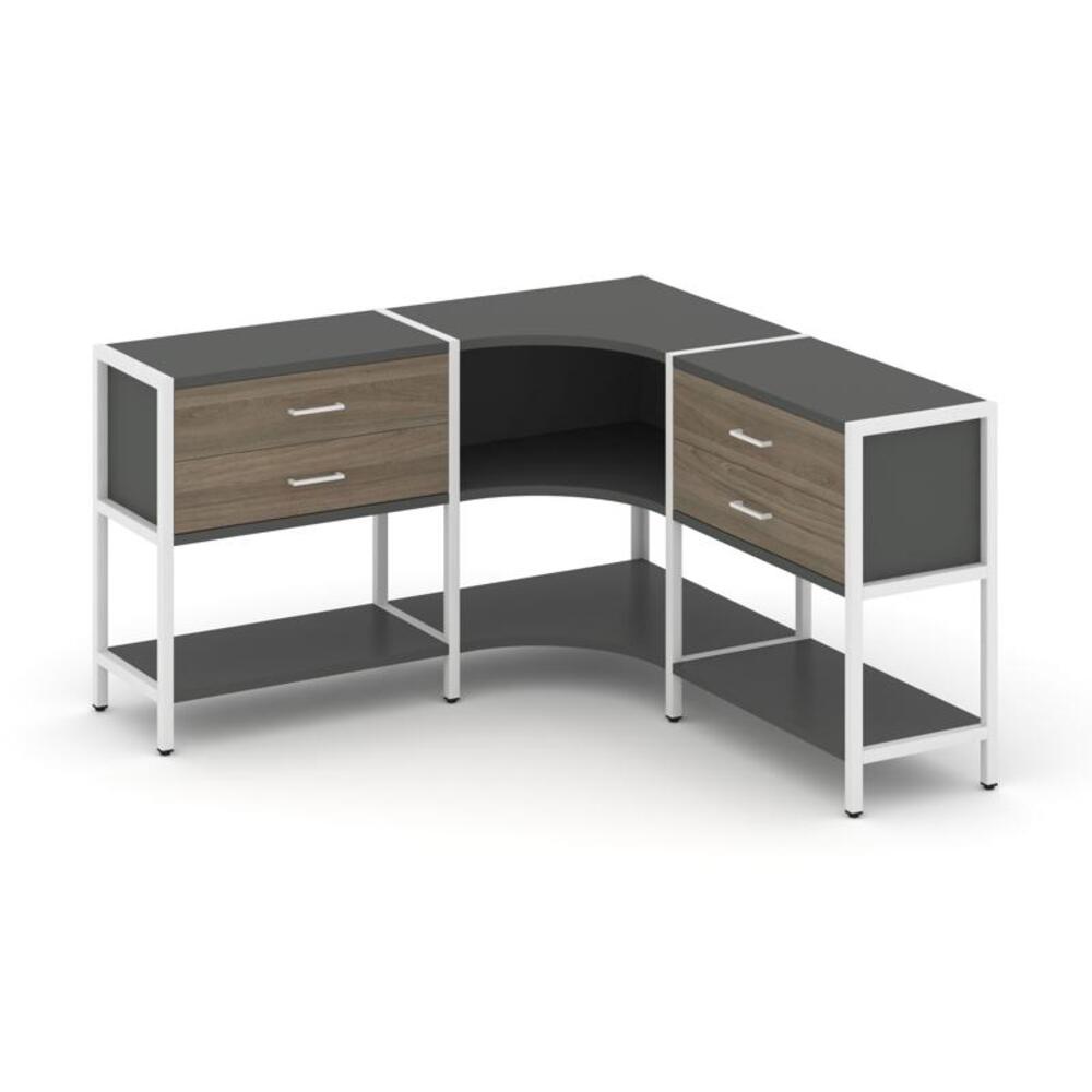 Трехсекционный угловой стеллаж двухярусный с ящиками