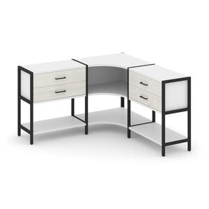 Трехсекционный угловой стеллаж двухярусный с ящиками