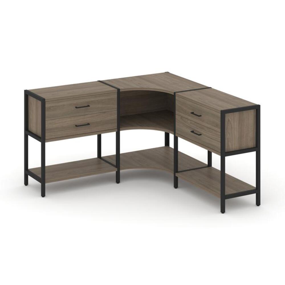 Трехсекционный угловой стеллаж двухярусный с ящиками