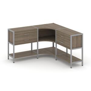 Трехсекционный угловой стеллаж двухярусный с ящиками