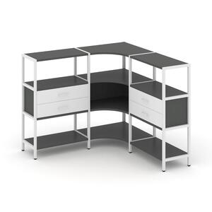 Трехсекционный угловой стеллаж трехярусный с ящиками