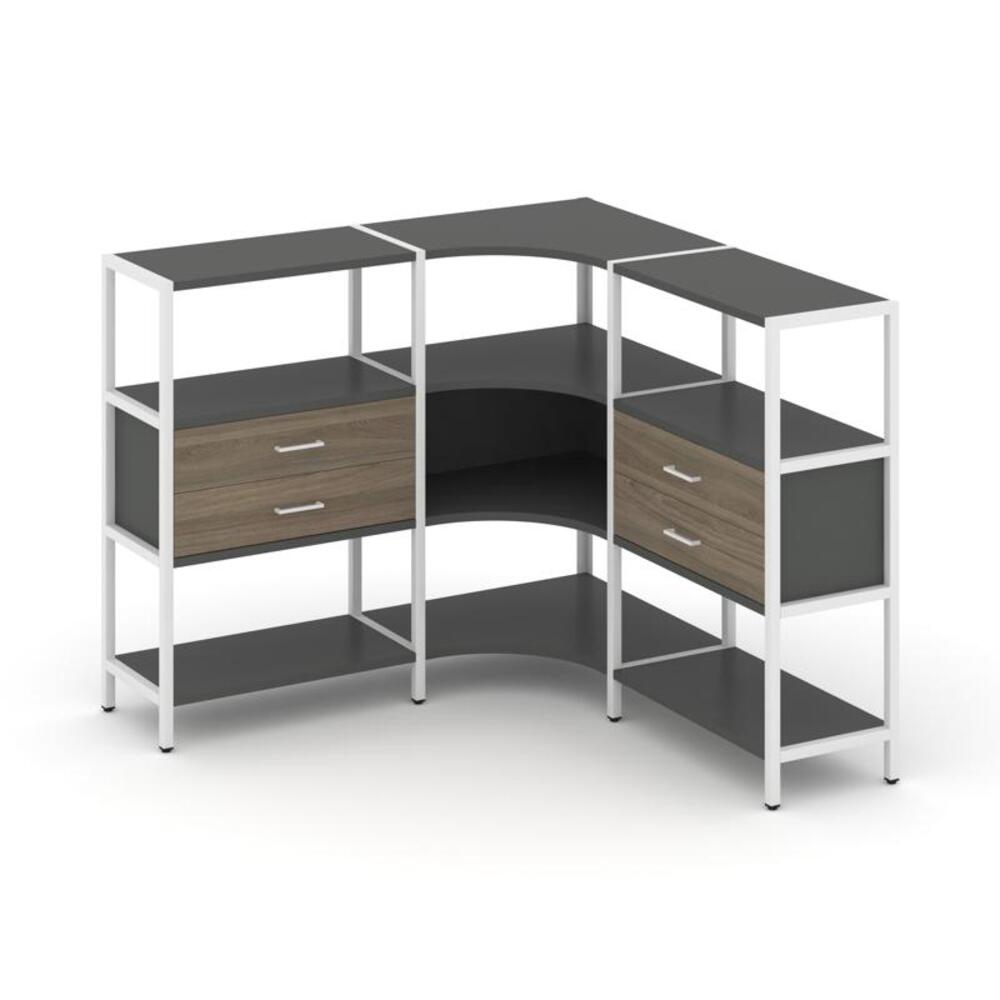 Трехсекционный угловой стеллаж трехярусный с ящиками