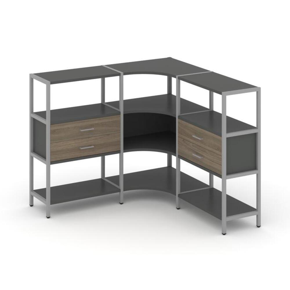Трехсекционный угловой стеллаж трехярусный с ящиками