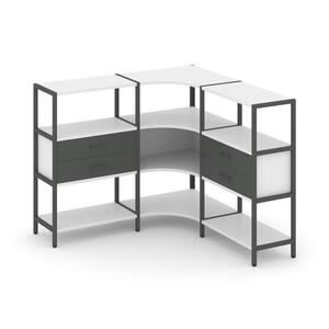 Трехсекционный угловой стеллаж трехярусный с ящиками