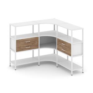 Трехсекционный угловой стеллаж трехярусный с ящиками