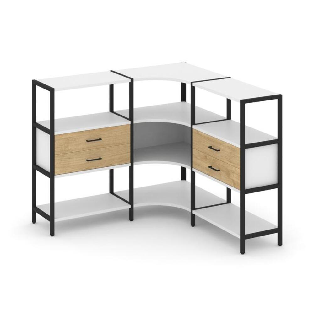 Трехсекционный угловой стеллаж трехярусный с ящиками