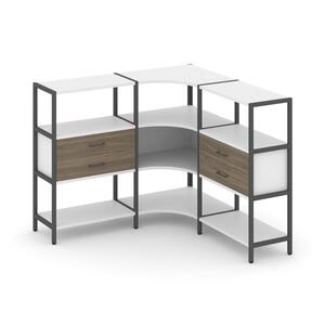 Трехсекционный угловой стеллаж трехярусный с ящиками