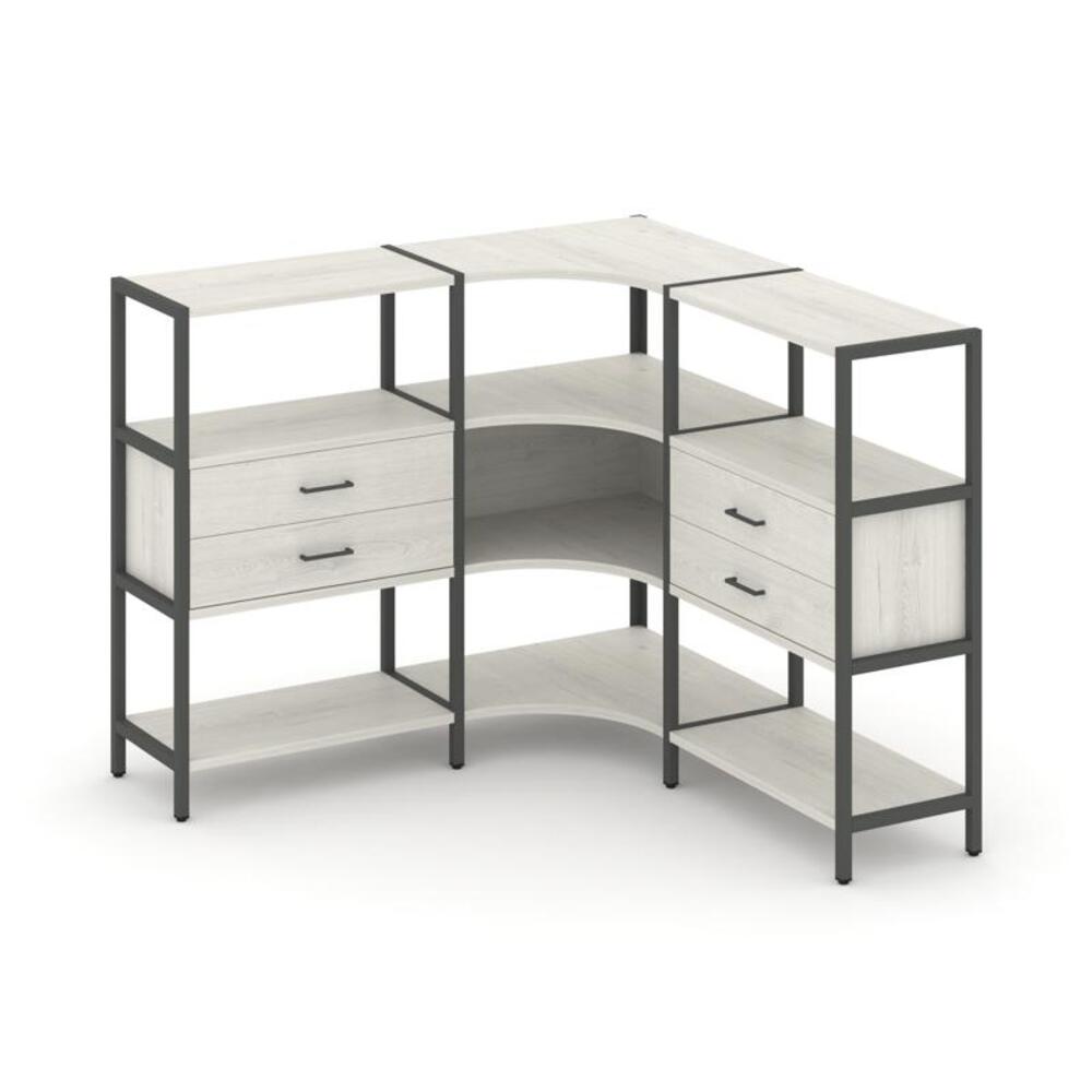Трехсекционный угловой стеллаж трехярусный с ящиками
