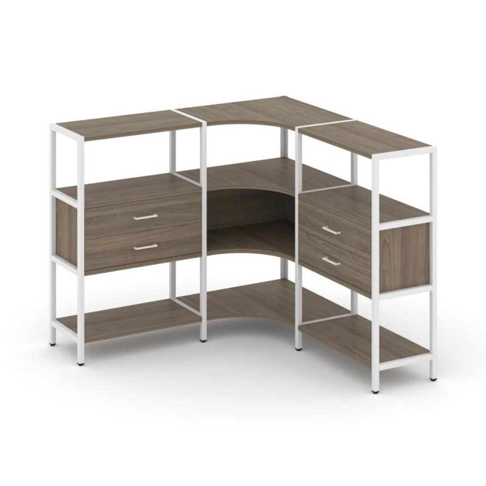 Трехсекционный угловой стеллаж трехярусный с ящиками