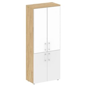 Шкаф высокий широкий (2 низких фасада ЛДСП+2 средних фасада стекло лакобель белый в раме)