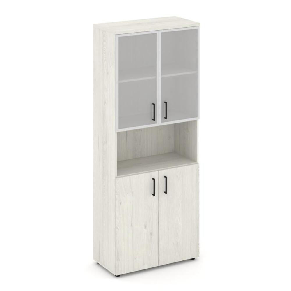 Шкаф высокий широкий (2 низких фасада ЛДСП + 2 низких фасада стекло сатин в раме)