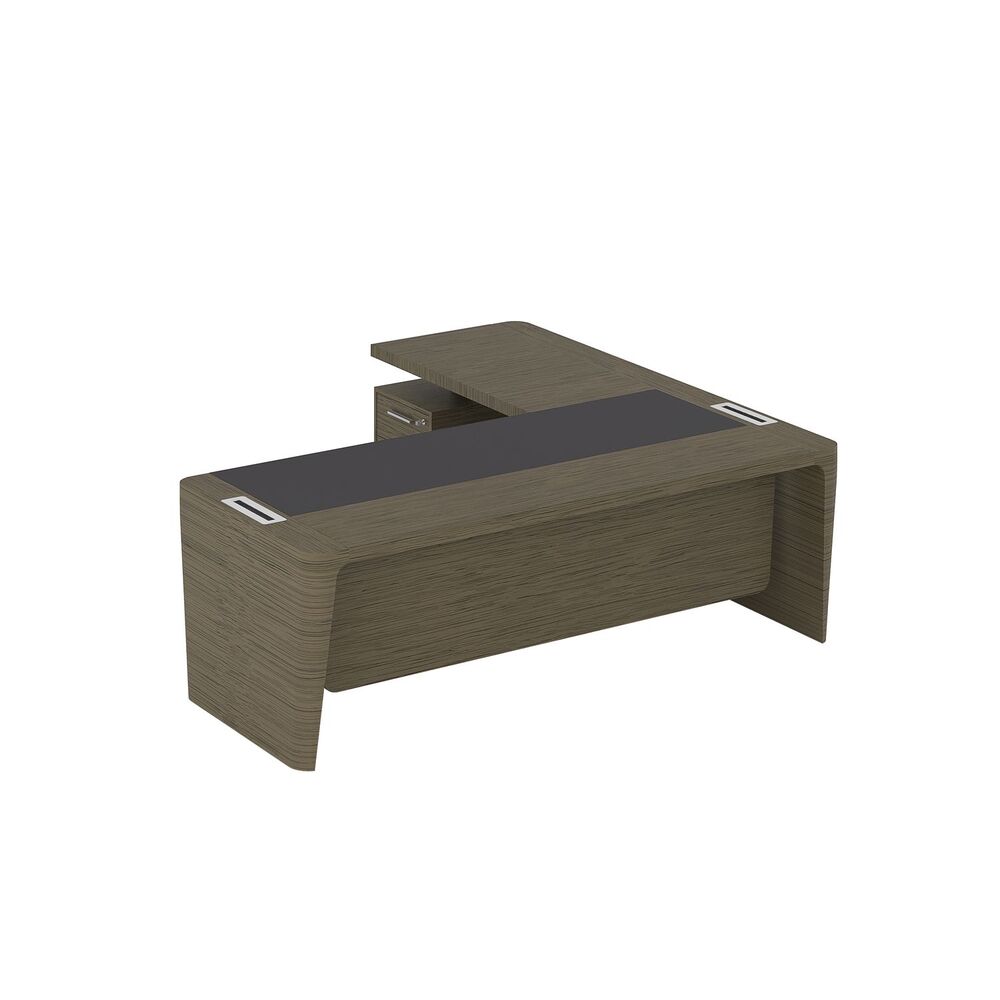 Стол для руководителя левый с кожаным бюваром, приставкой на малой тумбе и фронтальной панелью